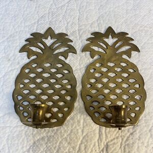 Set of 2 Brass Pineapple Wall Sconce Candle Holder Metal Vintage Matched Pair 9”